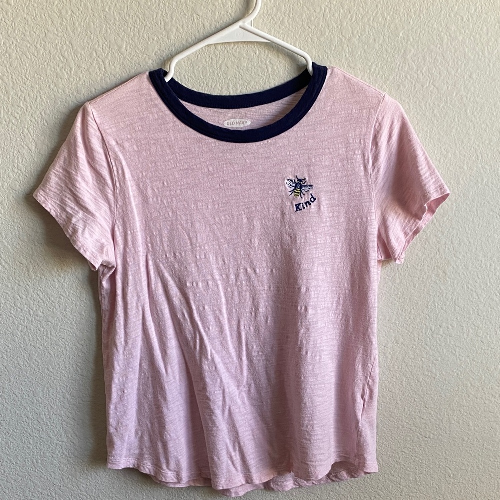 Old Navy Bee Kind Light Pink Tee with Navy Trim